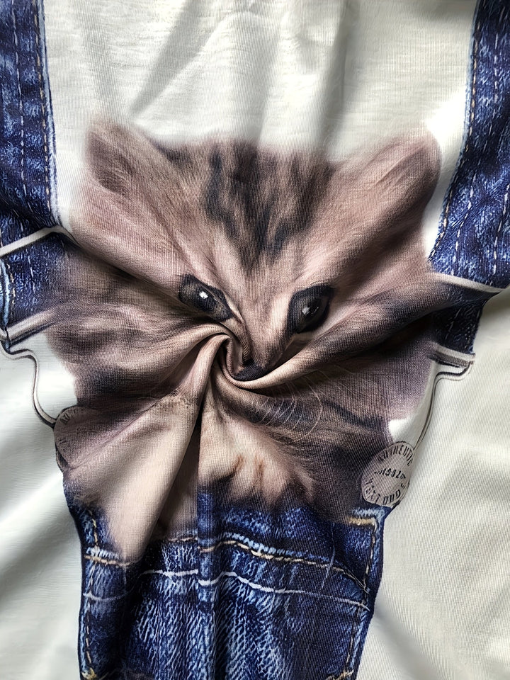 T-shirt with Cat Print and Trendy Colour Block Details - Celeste-S-Nora Luxe