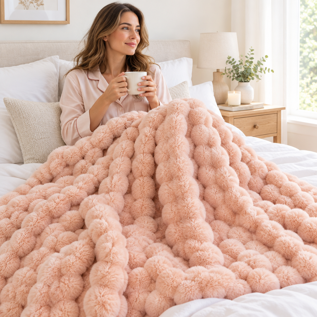 Woman in pajamas holding a mug in bed under a blush pink bubble-textured faux fur throw 1