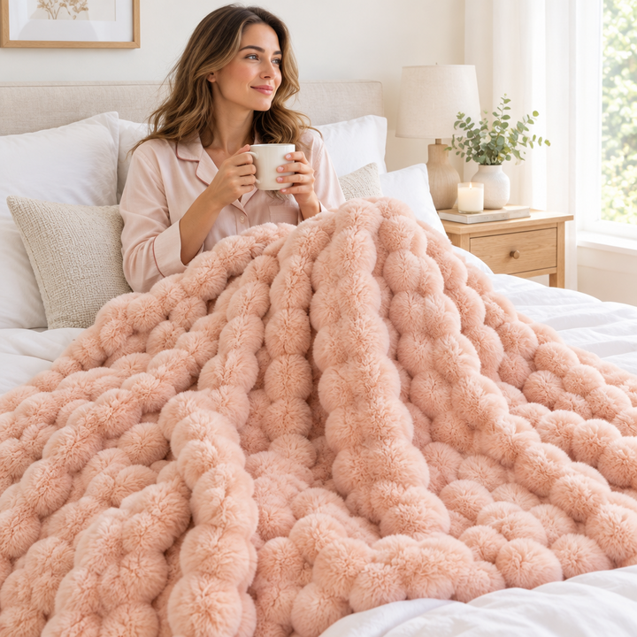 Woman in pajamas holding a mug in bed under a blush pink bubble-textured faux fur throw 1