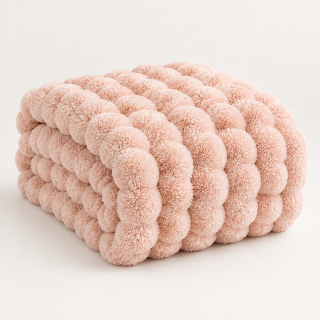 Blush-pink plush blanket folded into a thick stack on a plain background, showing large fluffy bubbles 15