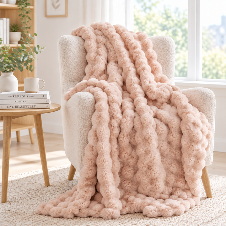 Blush pink bubble-textured plush throw draped over a bouclé armchair beside a wooden side table 15
