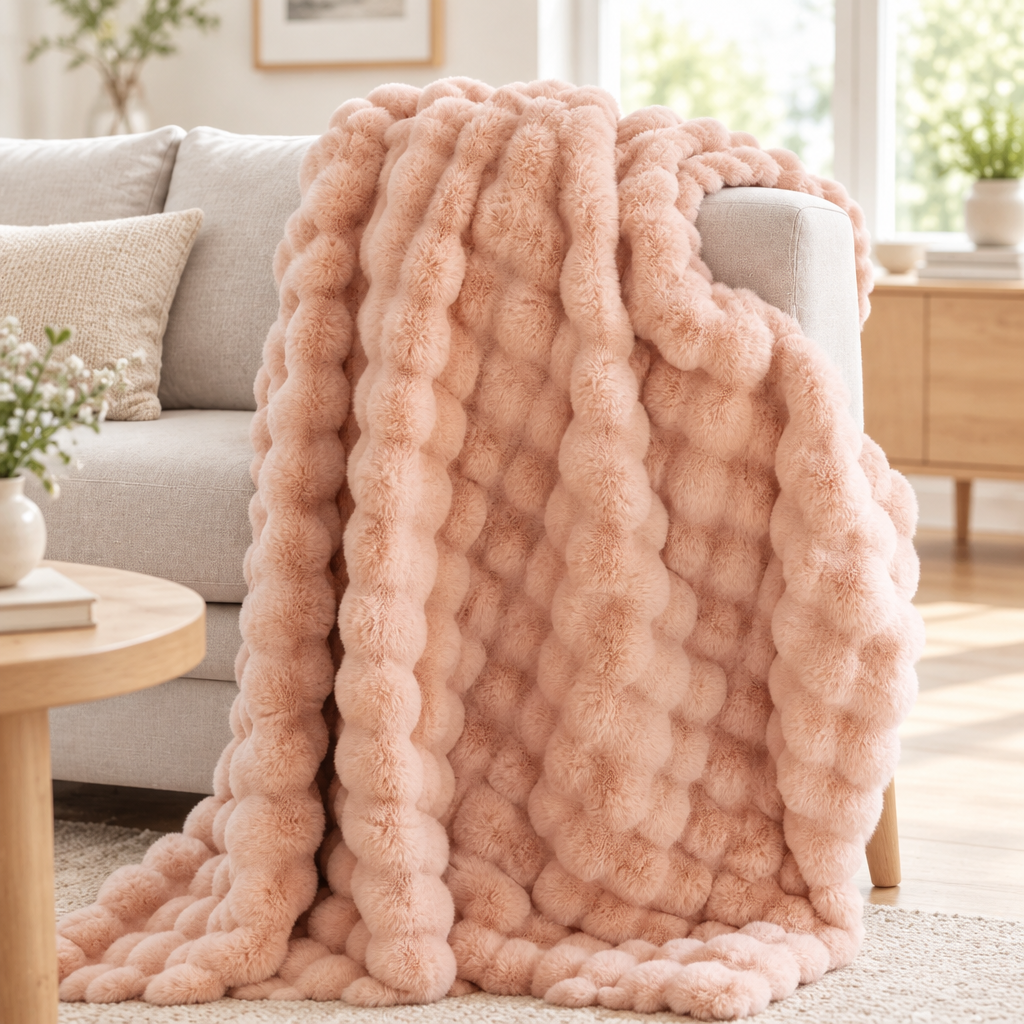Peach-pink plush blanket draped over a gray sofa in a sunny living room 14