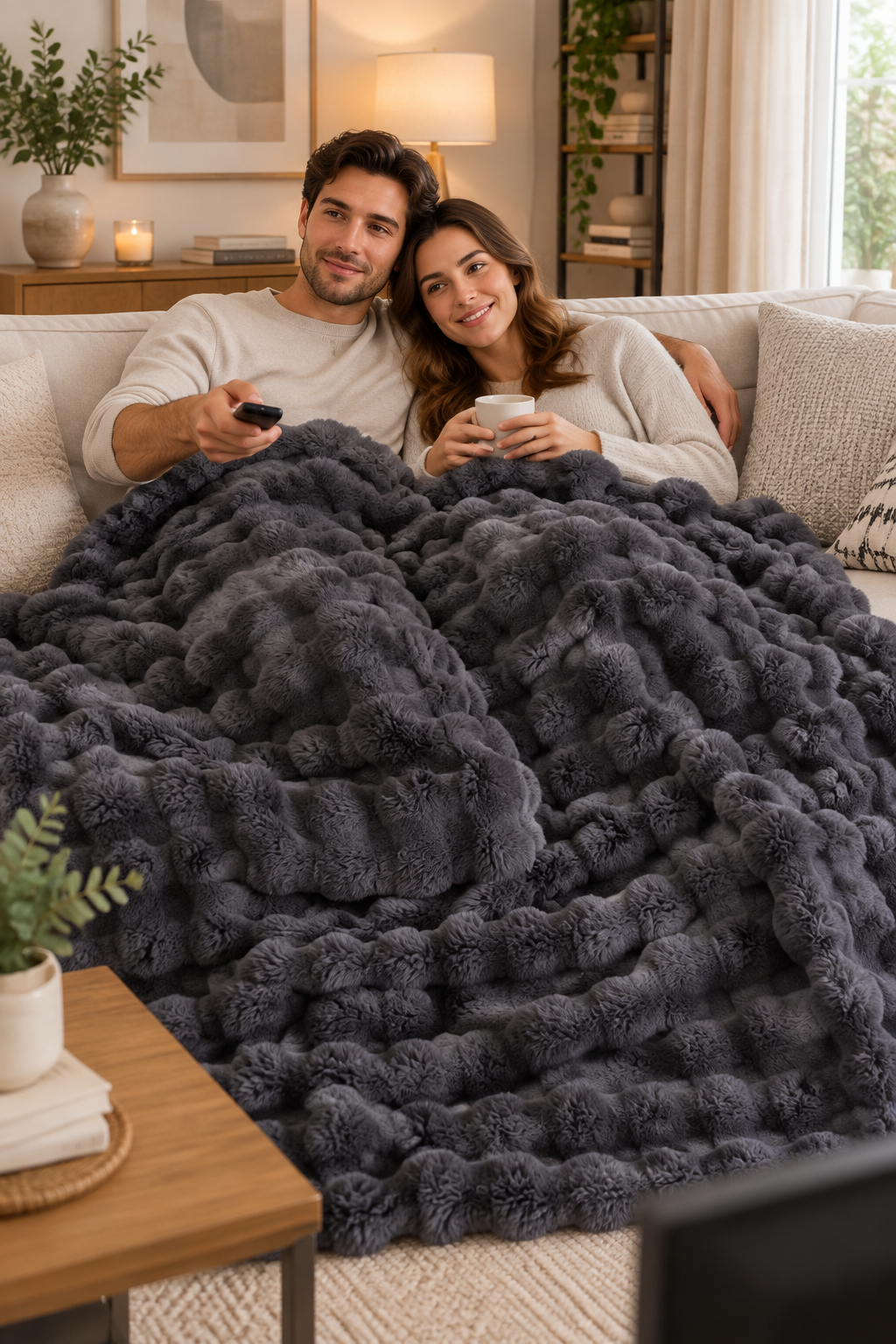Couple on a sofa share a dark gray bubble-textured plush throw while watching TV 1