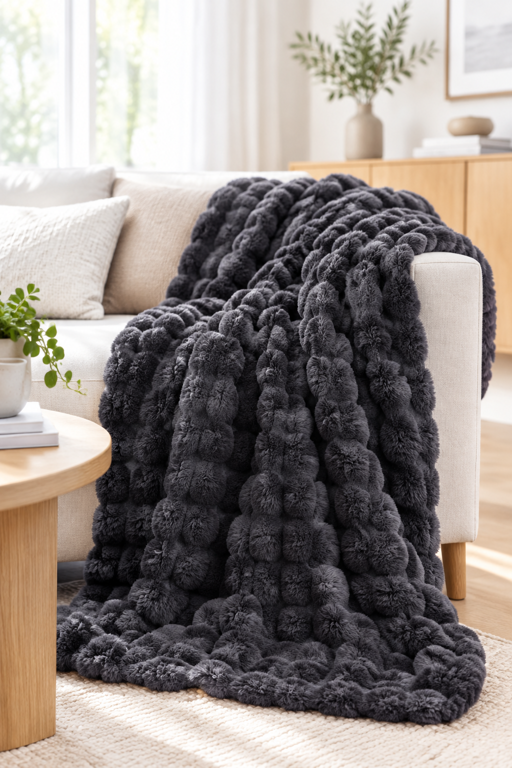 Dark charcoal plush blanket draped over a cream sofa beside a round wooden coffee table 13