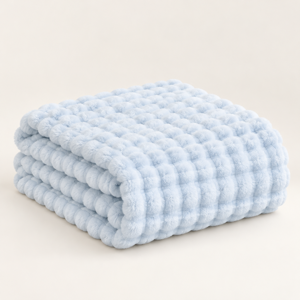 Pale blue plush blanket folded in a stack on a plain background, showing fine, evenly raised bubble rows 17