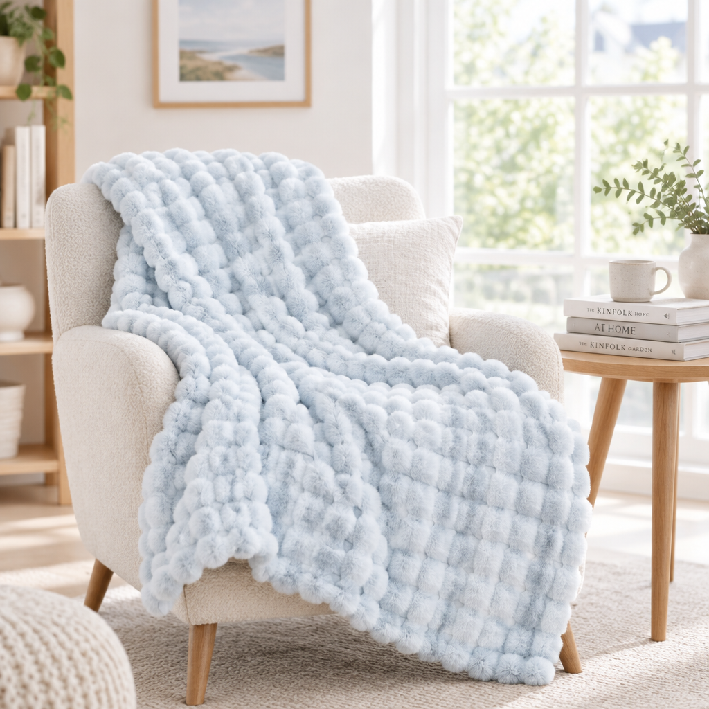 Light blue pom-pom textured plush throw draped over a cream armchair by a bright window 17