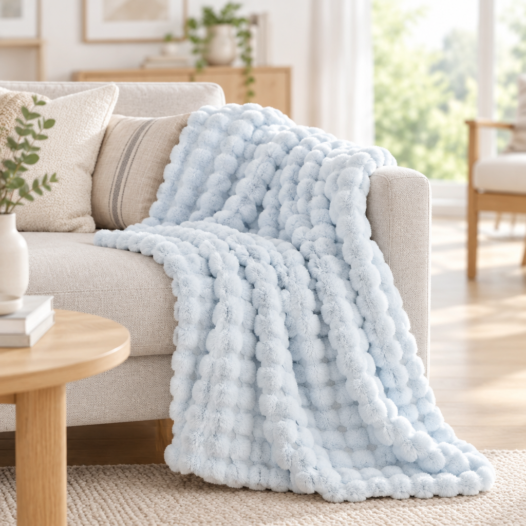 Pale blue plush blanket draped over a beige sofa with cushions in a bright living room 16