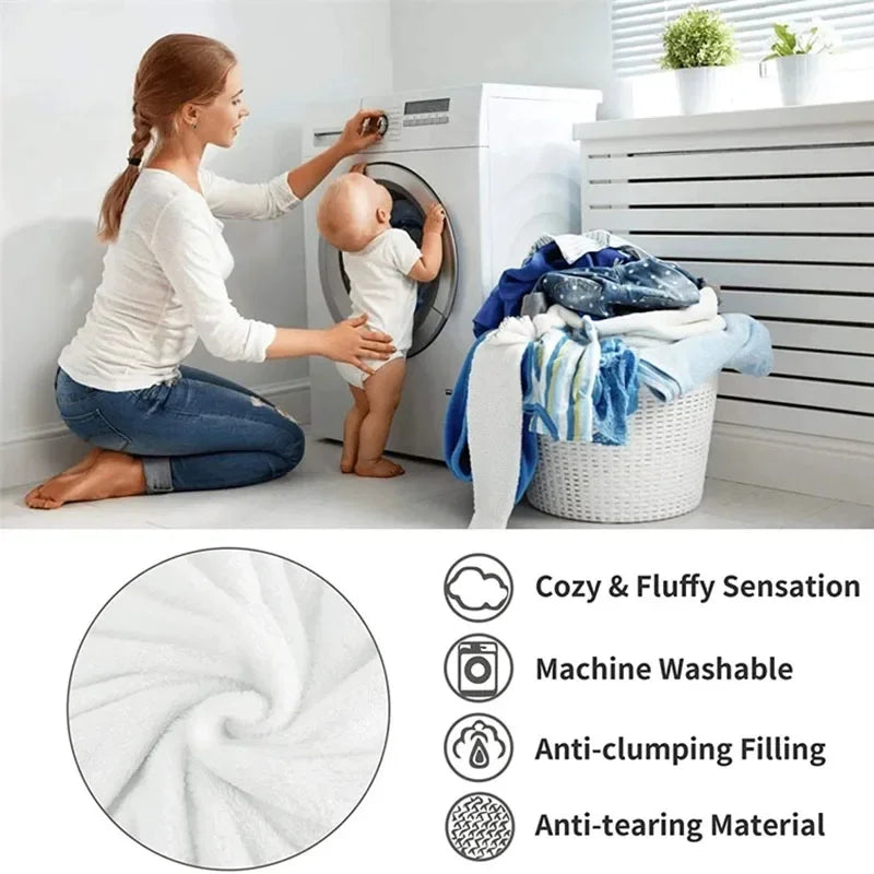 Mother and toddler by a washing machine, with a fabric swirl and icons about washability 11