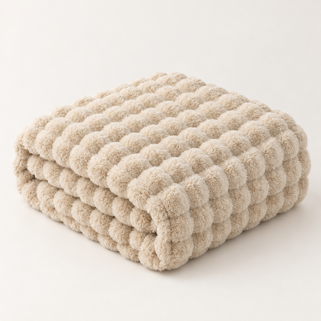 Beige plush blanket folded in a stack on a plain background, showing its pom-pom-like bubble texture 13
