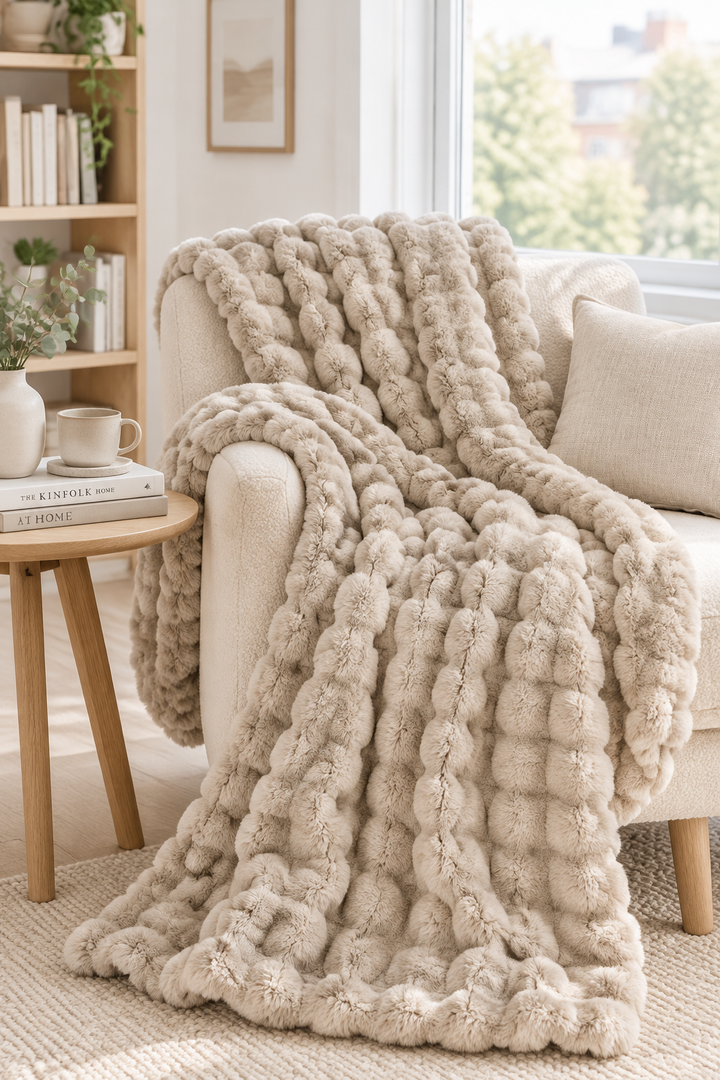 Beige bubble-textured plush throw draped over a cream armchair beside a wooden side table with books 13