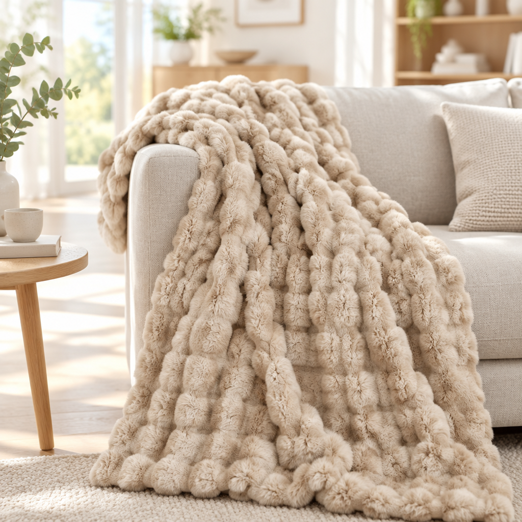 Beige plush blanket draped over the arm of a light sofa in a bright living room 12