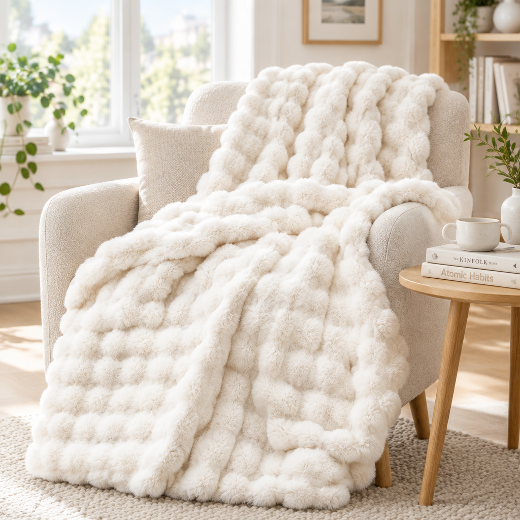 Cream white fluffy plush throw draped across a cozy armchair with a pillow and side table 16