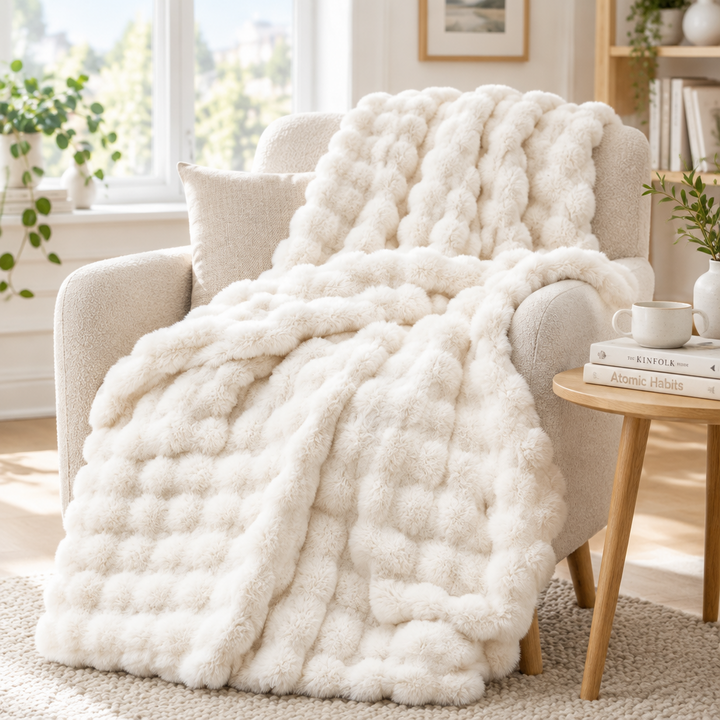 Cream white fluffy plush throw draped across a cozy armchair with a pillow and side table 16
