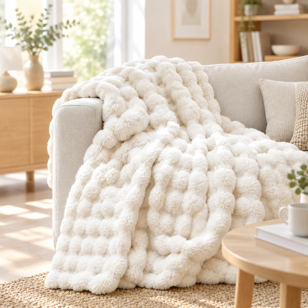Cream white plush blanket draped over a sofa in a sunlit living room with a woven rug 15