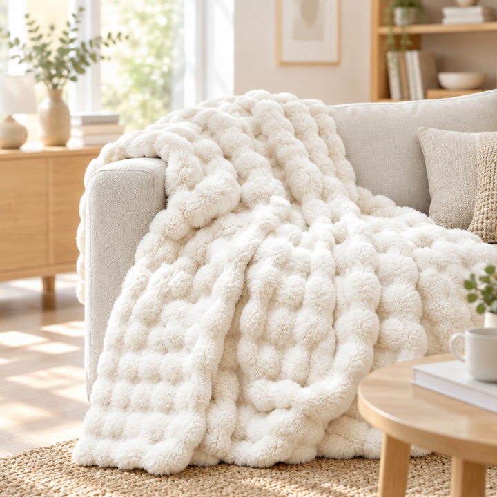 Cream white plush blanket draped over a sofa in a sunlit living room with a woven rug 15