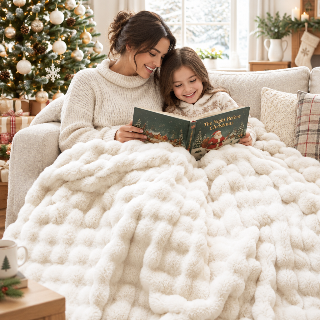 Mother and daughter read a holiday book on a sofa under a cream fluffy blanket by a Christmas tree 1
