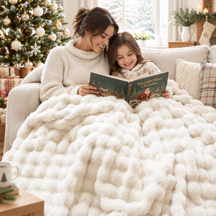 Mother and daughter read a holiday book on a sofa under a cream fluffy blanket by a Christmas tree 1