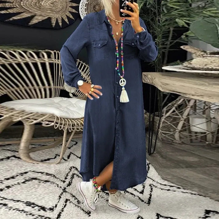 Trendy Denim Dress with Button Closure and Pockets – Isaline-Blue-S-The Livary