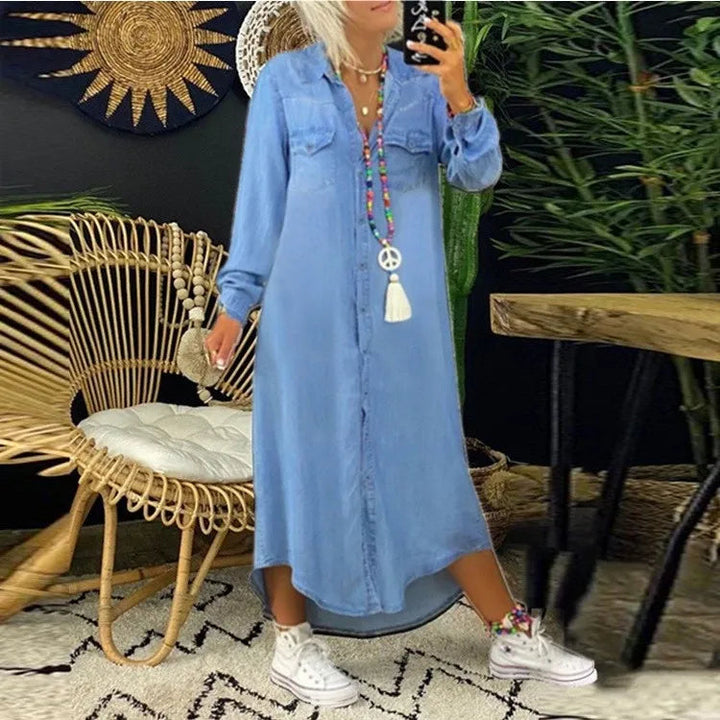 Trendy Denim Dress with Button Closure and Pockets – Isaline-Light blue-S-The Livary