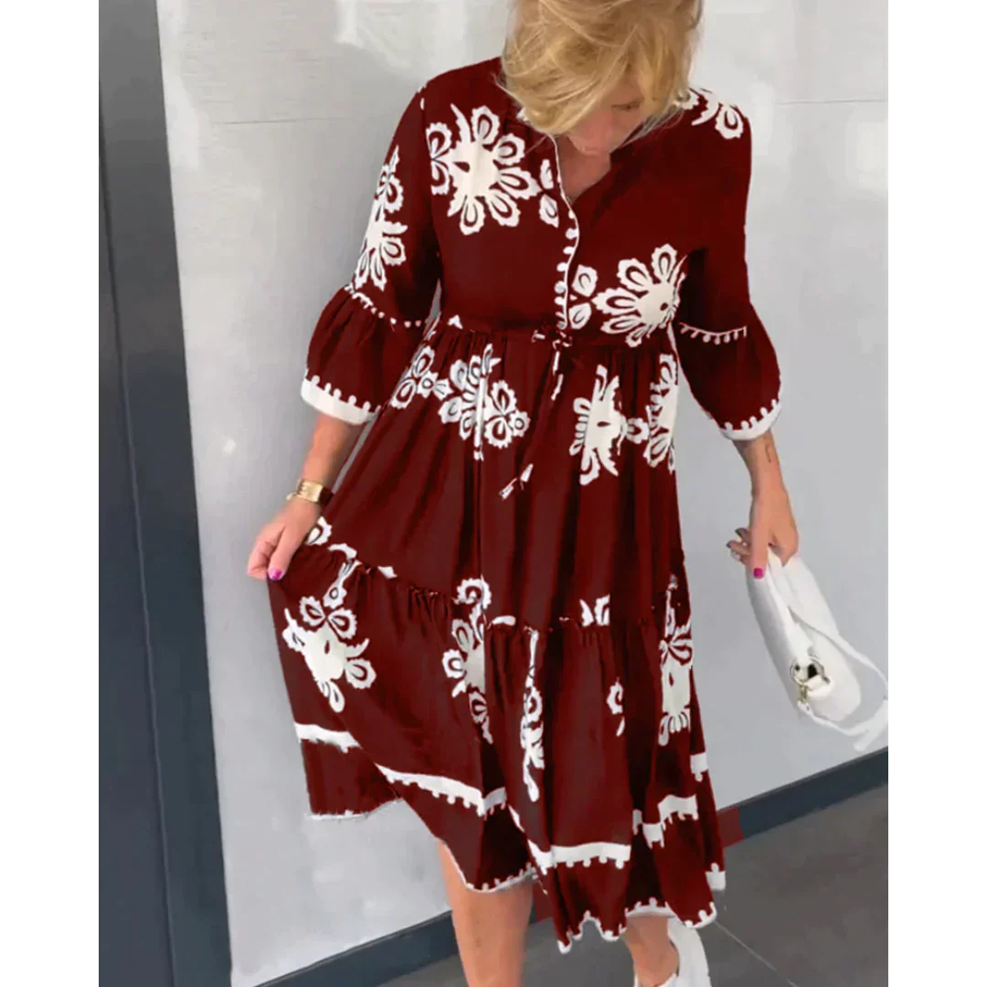 Trendy Dress with Floral Print and 3/4 Sleeves – Elin-Black-S-State of Style