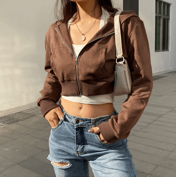 Trendy Fitted Women's Cropped Zip-Up Hoodie with Hood – Alina-Brown-S-Nora Luxe