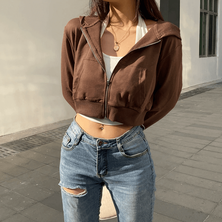 Trendy Fitted Women's Cropped Zip-Up Hoodie with Hood – Alina-Brown-S-Nora Luxe