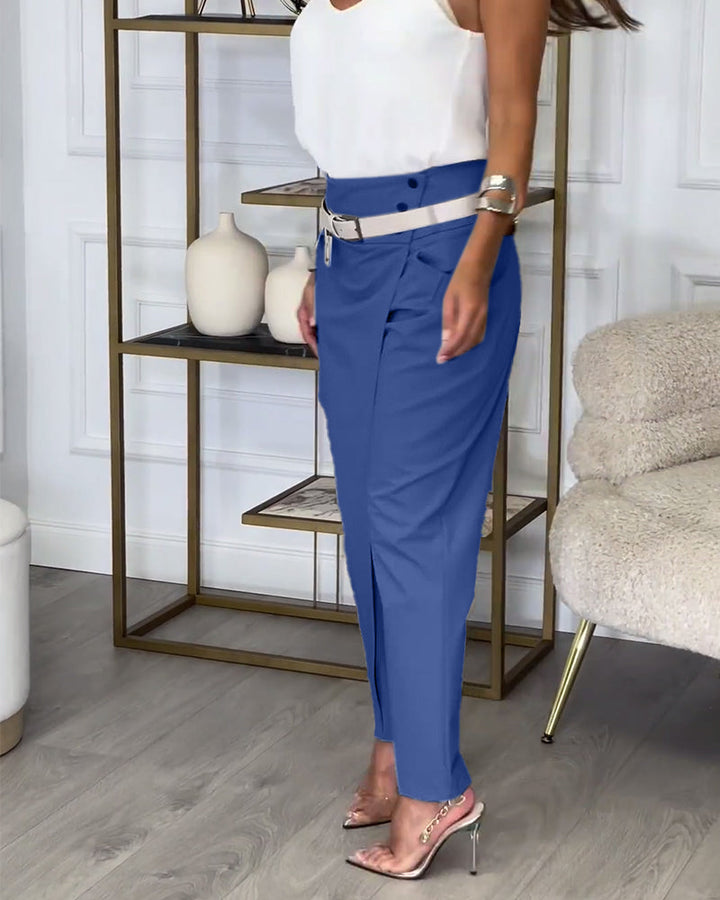 Trendy Ladies Patchwork Trousers with Belt - Liv-Gray-S-Nora Luxe