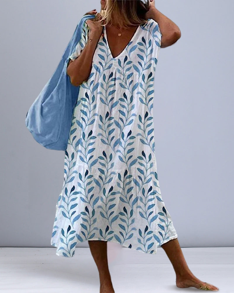 Trendy midi dress with leaf pattern and V-neck – Nea-S-Nora Luxe