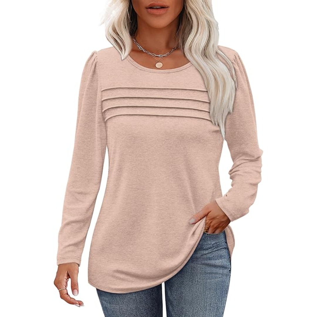 Trendy Pleated Long Sleeve Tunic Top - Sarah-Khaki-M-Nora Luxe