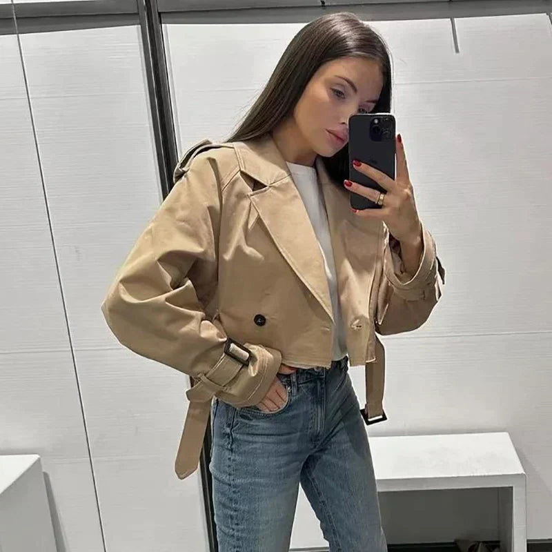 Trendy Short Women's Trench Coat with Belt – Amelie-Beige-XS-Nora Luxe
