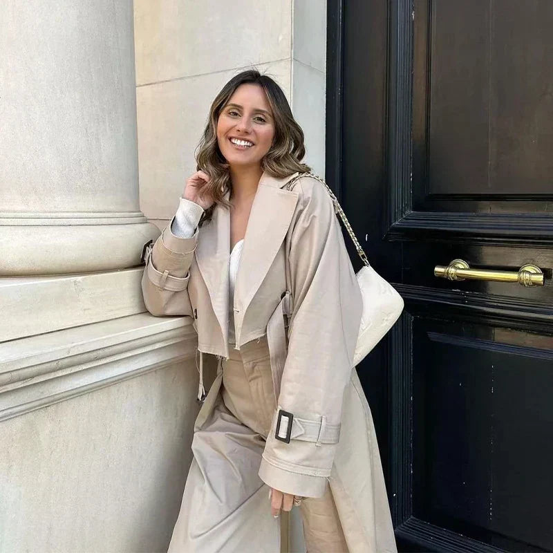 Trendy Short Women's Trench Coat with Belt – Amelie-Beige-XS-Nora Luxe