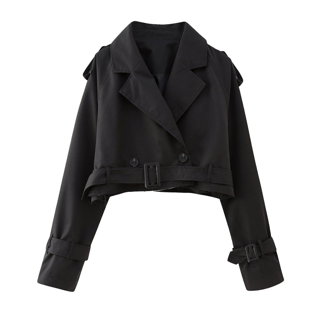 Trendy Short Women's Trench Coat with Belt – Amelie-Black-XS-Nora Luxe