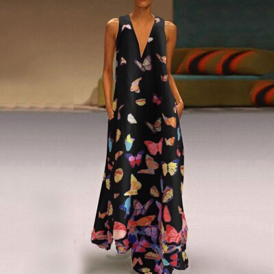Trendy Sleeveless Maxi Summer Dress with Butterfly Print – Malia-White-S-Nora Luxe
