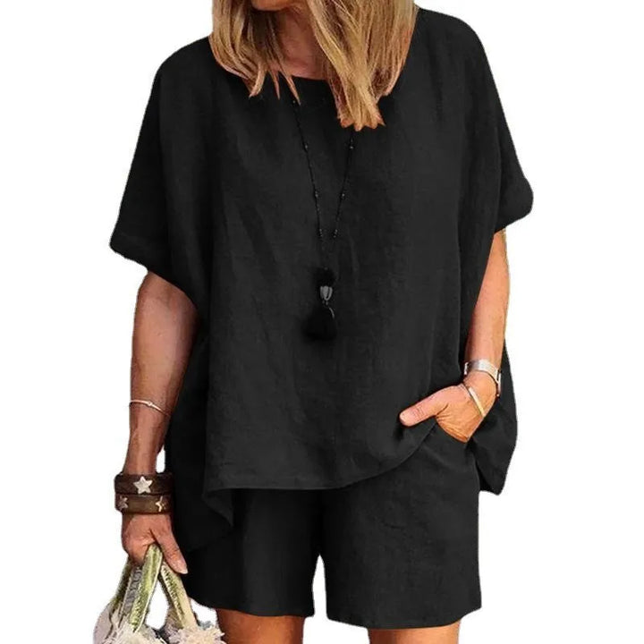 Trendy Two-Piece Linen Summer Set with Shorts for Women – Nayla-Gray-S-Nora Luxe