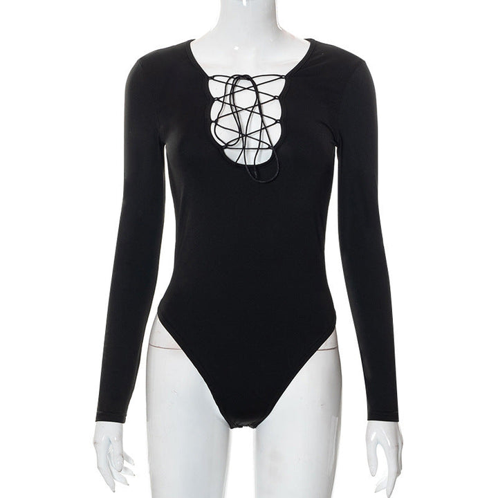 Trendy women's bodysuit with lacing & deep V-neck - Aveline-S-Nora Luxe