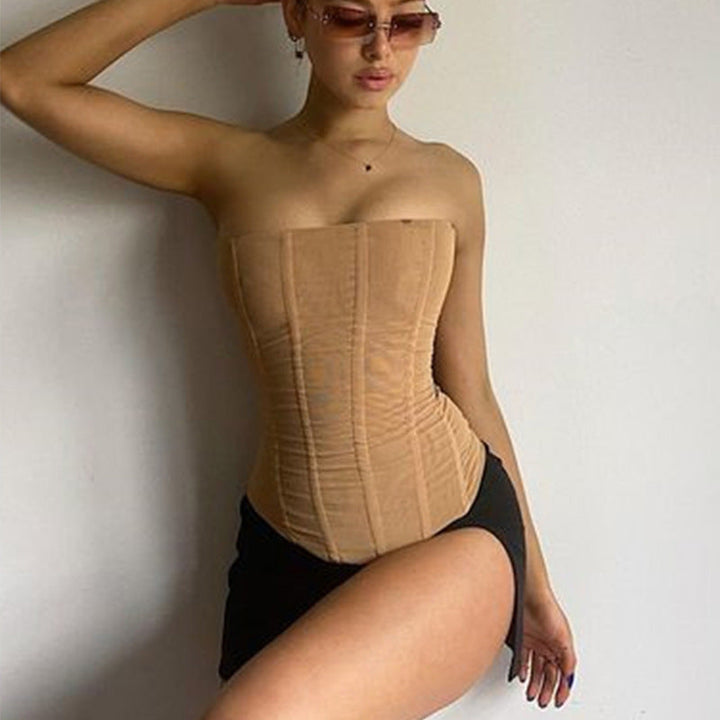 Trendy Women's Corset Crop Top with Shaping & Mesh Design – Celina-Khaki-S-Nora Luxe