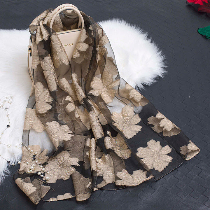 Trendy women's silk scarf with floral pattern and cut-out design – Fiora (1+1 FREE)-Beige-Nora Luxe
