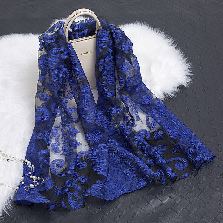 Trendy women's silk scarf with floral pattern and cut-out design – Fiora (1+1 FREE)-Blue flower-Nora Luxe