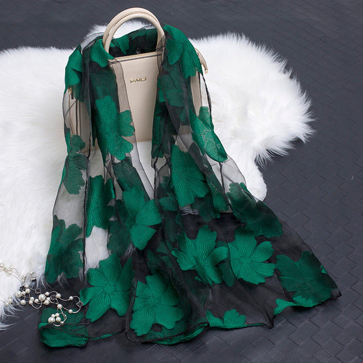 Trendy women's silk scarf with floral pattern and cut-out design – Fiora (1+1 FREE)-Green-Nora Luxe