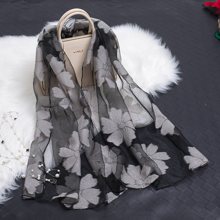 Trendy women's silk scarf with floral pattern and cut-out design – Fiora (1+1 FREE)-Grey-Nora Luxe