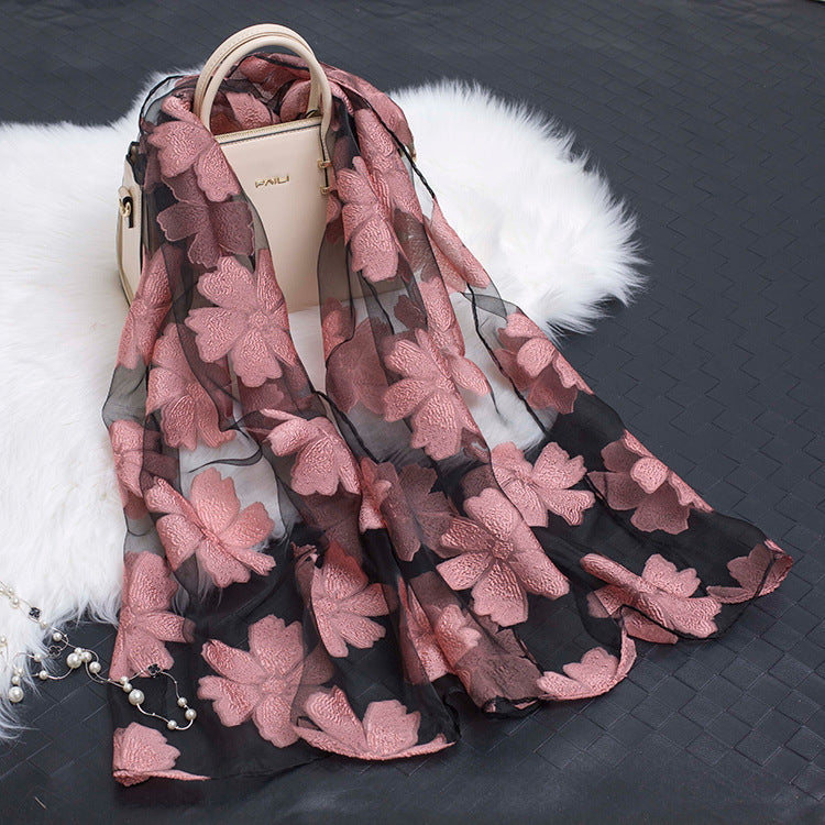 Trendy women's silk scarf with floral pattern and cut-out design – Fiora (1+1 FREE)-Leather pink-Nora Luxe