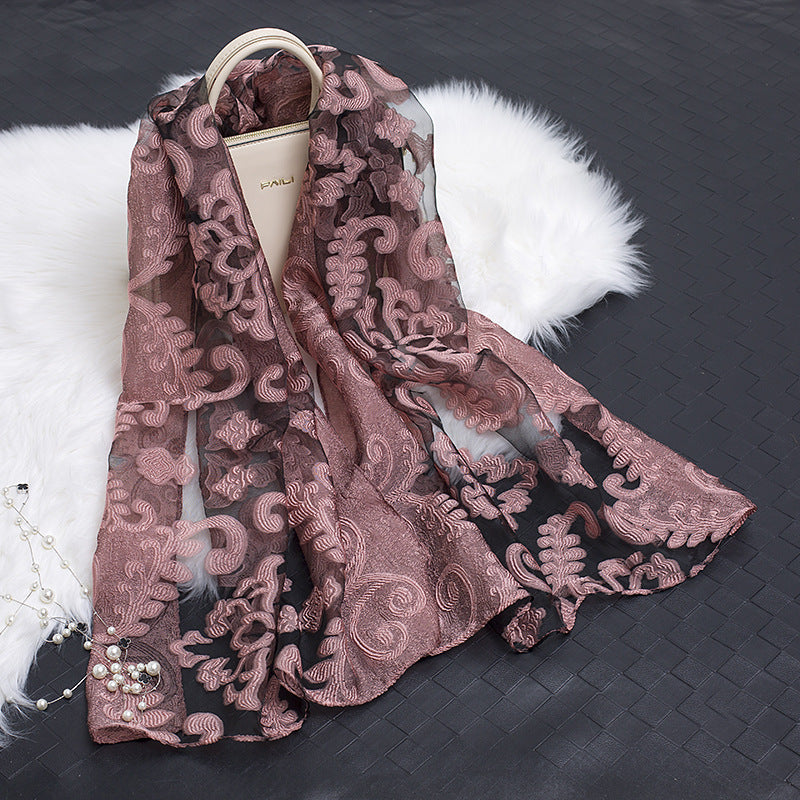 Trendy women's silk scarf with floral pattern and cut-out design – Fiora (1+1 FREE)-Pink flower-Nora Luxe