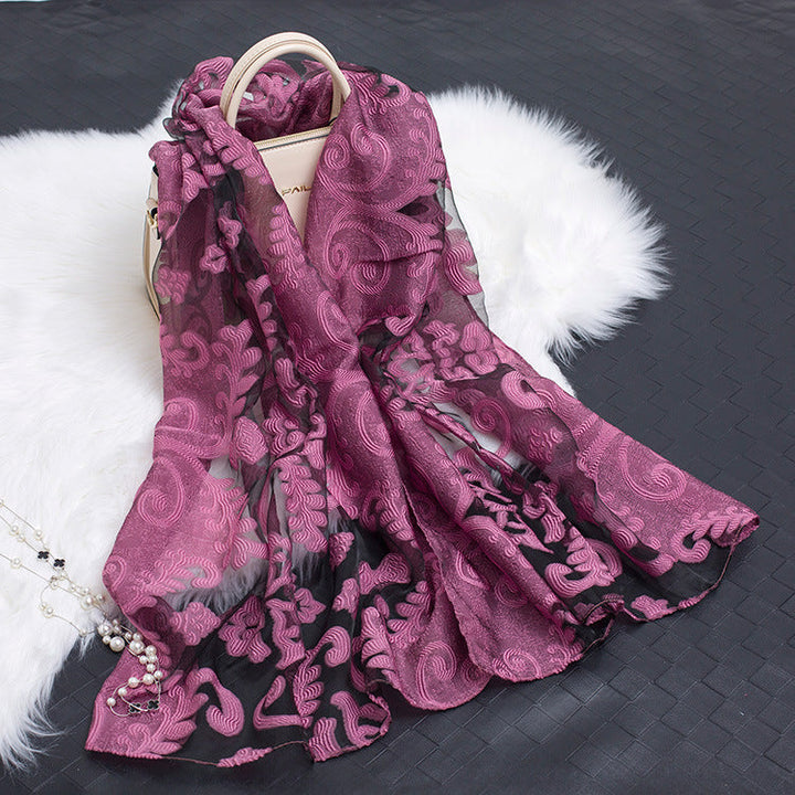 Trendy women's silk scarf with floral pattern and cut-out design – Fiora (1+1 FREE)-Purple flower-Nora Luxe
