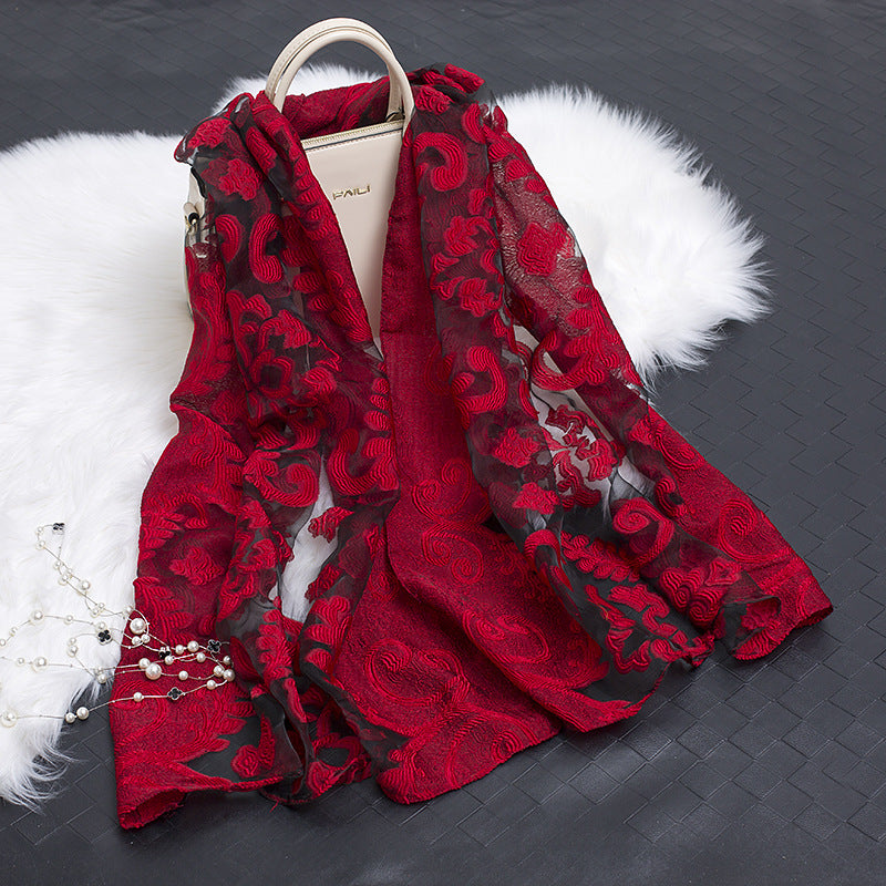 Trendy women's silk scarf with floral pattern and cut-out design – Fiora (1+1 FREE)-Red flower-Nora Luxe