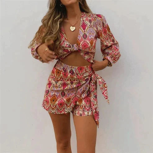 Two-piece wrap skirt set with blouse for women - Lorena-S-Nora Luxe