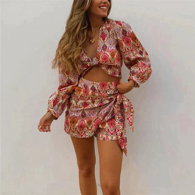 Two-piece wrap skirt set with blouse for women - Lorena-S-Nora Luxe