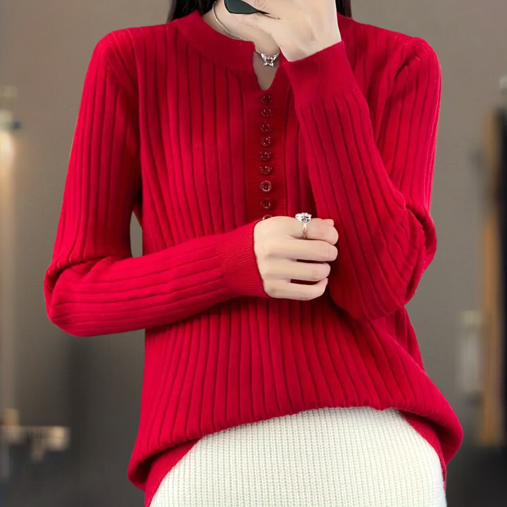 V-neck Sweater with Button Details for Women - Marit-Green-XS-Nora Luxe