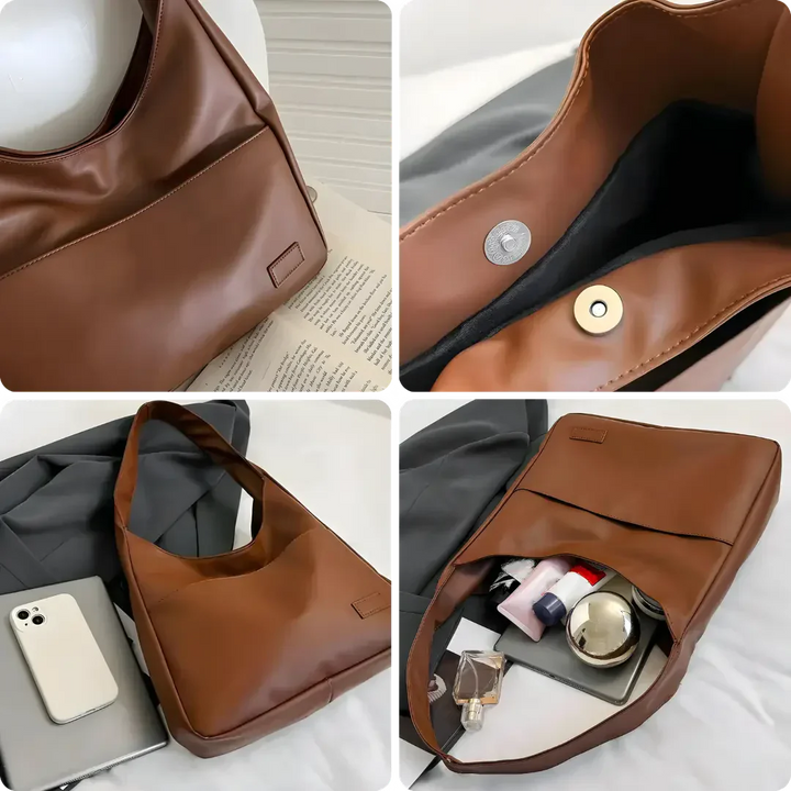 Vegan Leather Shoulder Bag for Women - Noor-Brown-The Livary