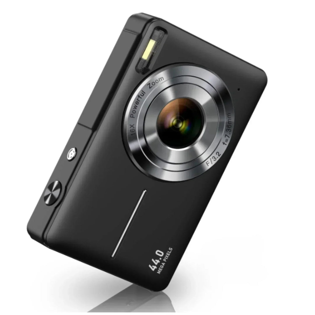 Black compact camera angled to show the front with silver-rimmed lens, flash and buttons 8