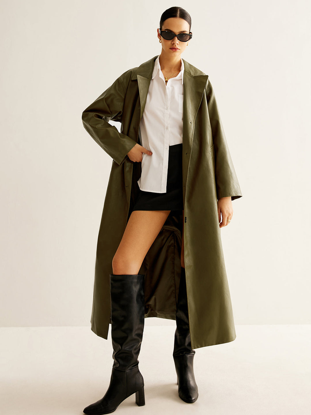 Vintage Green Long Leather Jacket for Women - Aurelia-XS-Nora Luxe